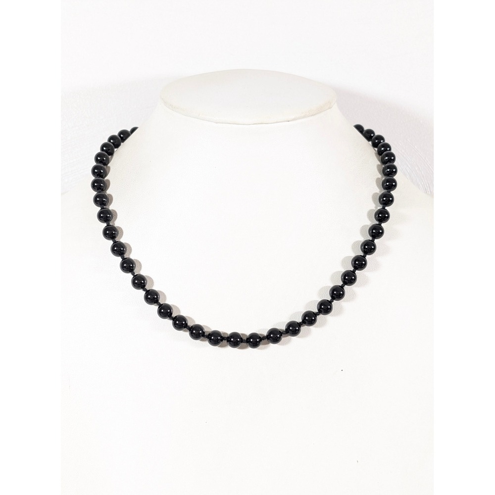 Vintage Black Glass Bead Knotted Necklace 19 Inch Classic Gothic Jewelry